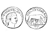 Coin of Elagabalus 218-222 AD. A coin struck at Jerusalem. It shows the legend of Romulus and Remus, the founders of Rome, being suckled by a she-wolf.